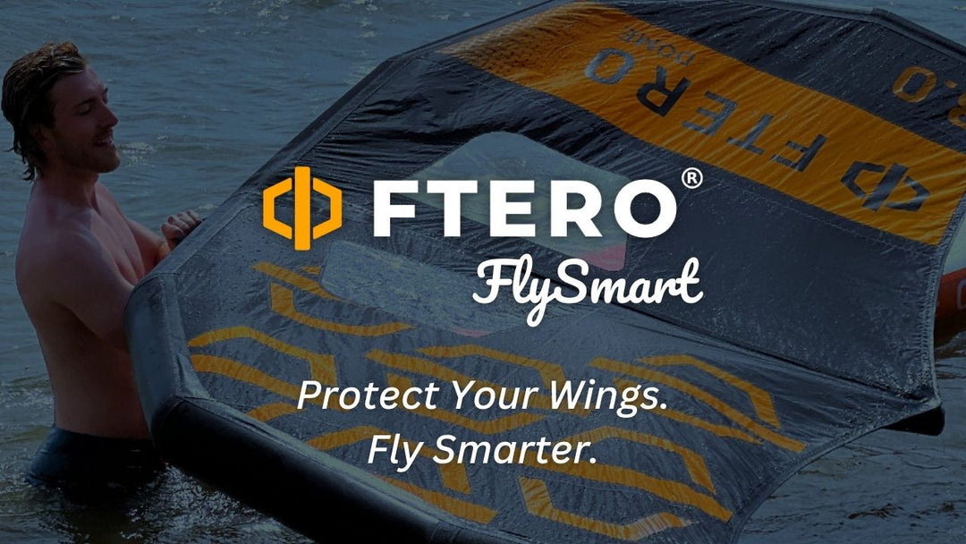 ftero flysmart logo with background of man holding a ftero wing and smiling